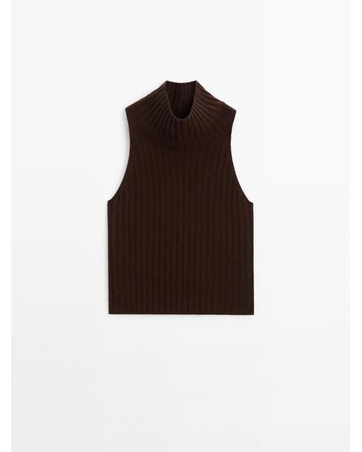 MASSIMO DUTTI Brown High Neck Ribbed Top