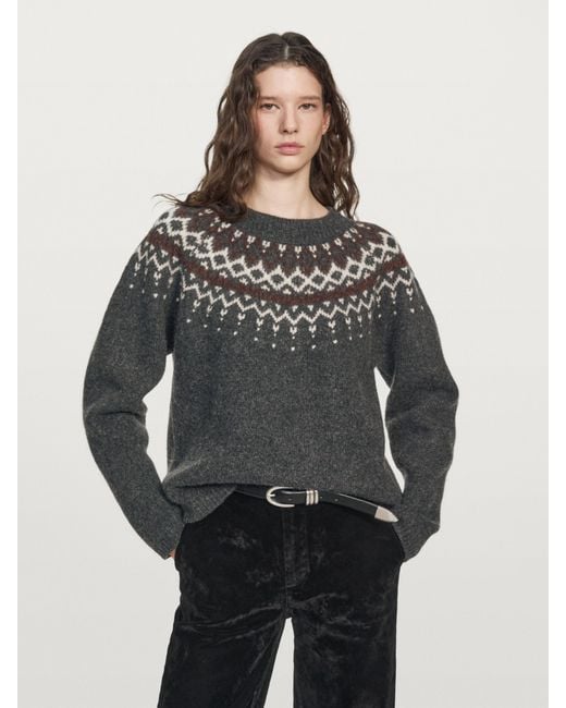 MASSIMO DUTTI Gray Jacquard Knit Wool Blend Sweater