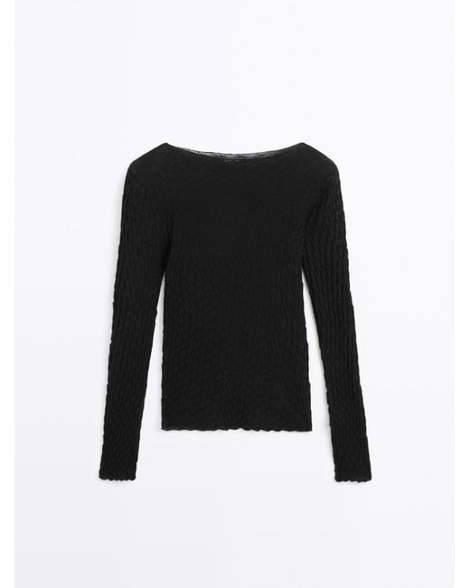 MASSIMO DUTTI 100% Katoenen Top Met Lange Mouw En Structuur in het Black