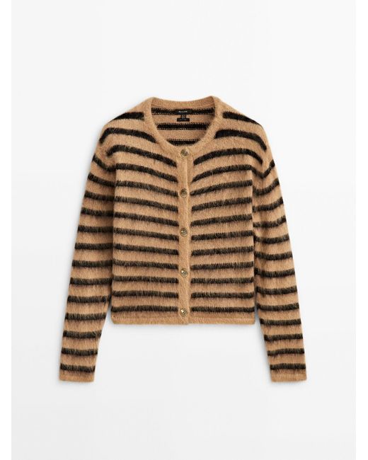 MASSIMO DUTTI Natural Striped Knit Cardigan With Combed Thread