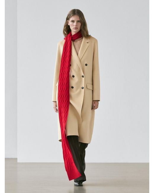 MASSIMO DUTTI Natural Long Double-Breasted Wool Blend Coat