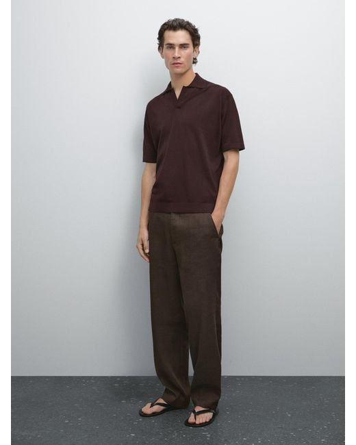 MASSIMO DUTTI Brown Knit Polo Shirt With Contrast Detail for men