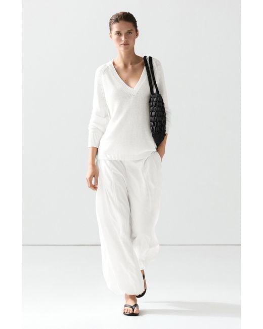 MASSIMO DUTTI White Cotton Blend V-Neck Knit Sweater