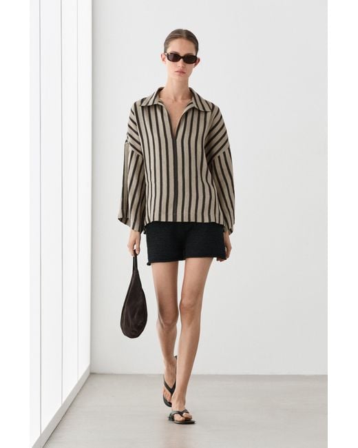 MASSIMO DUTTI Black Oversize Striped Linen Blend Blouse