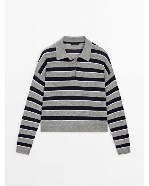 MASSIMO DUTTI Black Knit Sweater With Polo Collar And Buttons