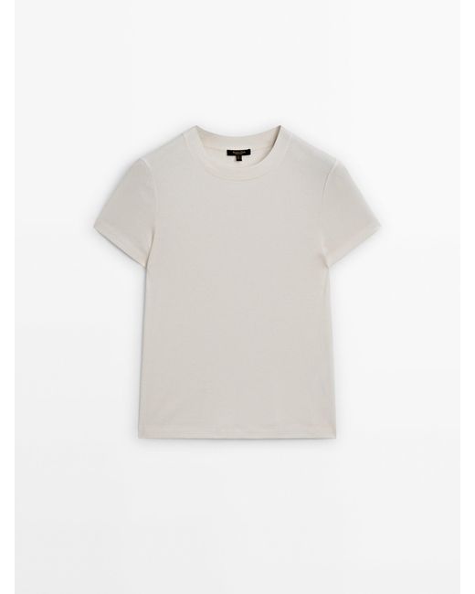 MASSIMO DUTTI White Fitted Ribbed Crew Neck T-Shirt