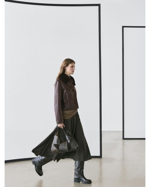 Chaqueta Cuello Pelo Piel Napa MASSIMO DUTTI de color White