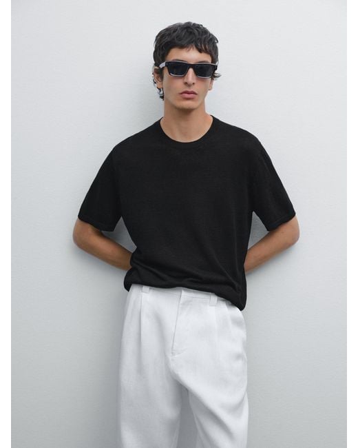 MASSIMO DUTTI Black 100% Linen Short Sleeve Knit T-Shirt for men