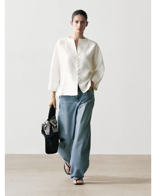 MASSIMO DUTTI White Linen Jacket With Button Detail