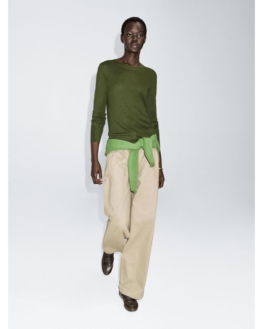 MASSIMO DUTTI Green Long Sleeve T-Shirt With Ribbed Trims