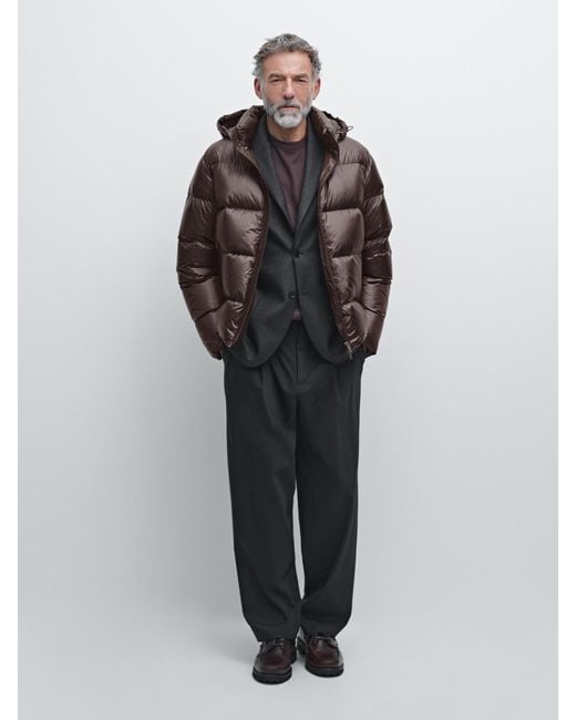 MASSIMO DUTTI Brown Satin Puffer Jacket for men