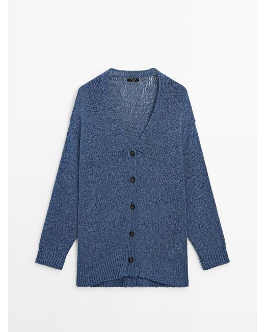 MASSIMO DUTTI Blue Plain Knit Button-Up Cardigan