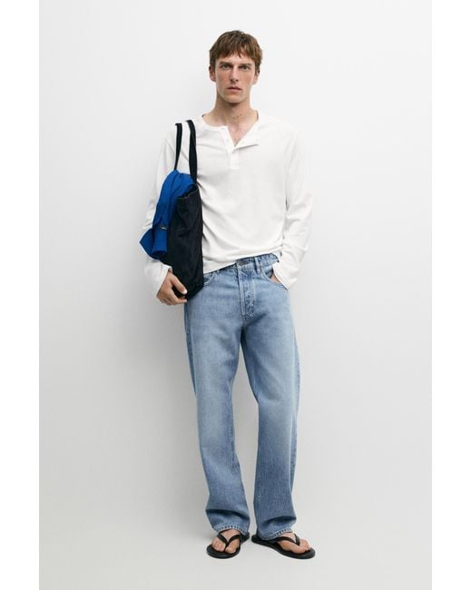 MASSIMO DUTTI White Long Sleeve T-Shirt With Collar Detail for men