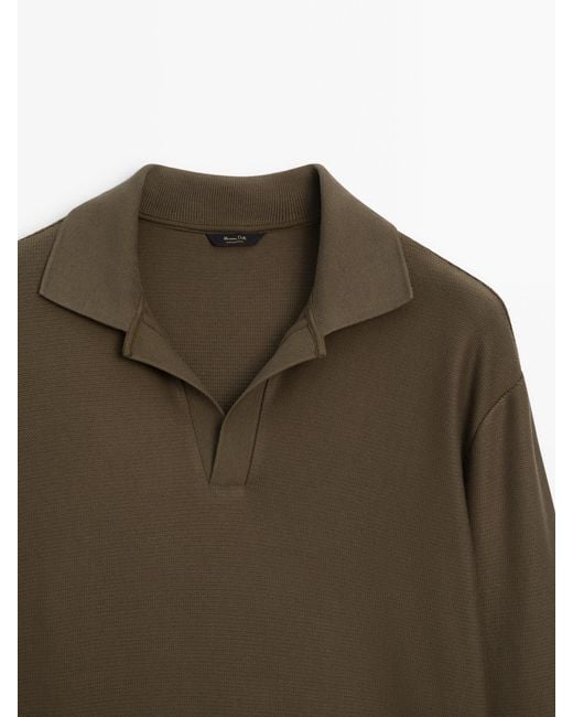 MASSIMO DUTTI Green Textured Cotton Blend Polo Shirt for men
