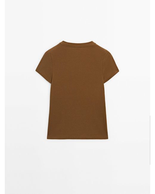 MASSIMO DUTTI Brown Fitted Ribbed Crew Neck T-Shirt