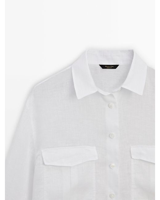 MASSIMO DUTTI White 100% Linen Shirt With Pockets