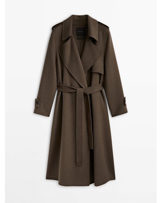 MASSIMO DUTTI Brown Long Trench-Effect Wool Blend Coat