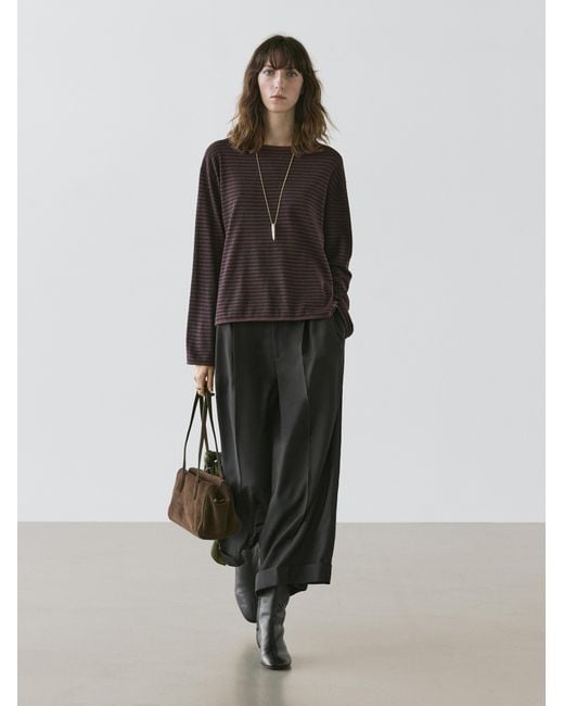 MASSIMO DUTTI Brown Cotton Blend Striped Knit Sweater