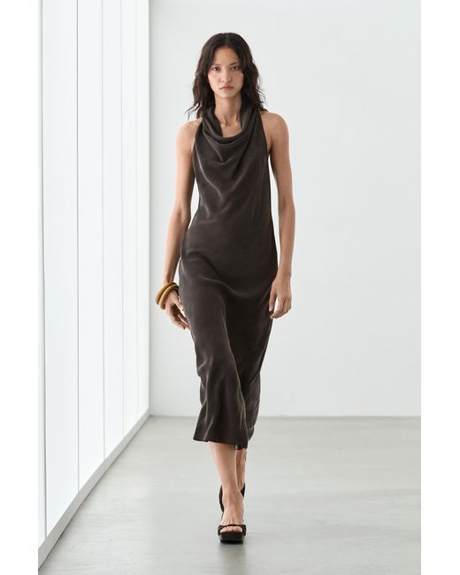 MASSIMO DUTTI Black Draped Neckline Midi Dress