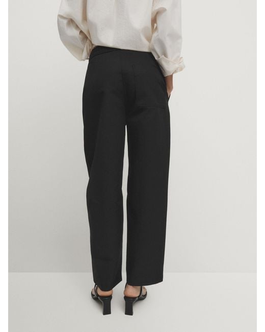 MASSIMO DUTTI Black Cotton And Linen Blend Trousers With Drawstrings