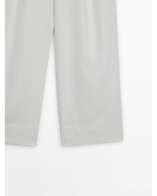MASSIMO DUTTI White 100% Linen Trousers With Double Darts