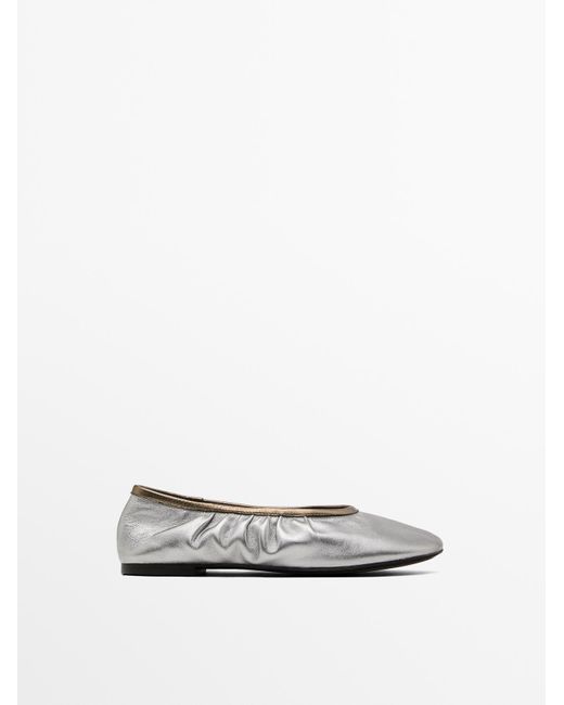 MASSIMO DUTTI White Gathered Metallic Ballerinas