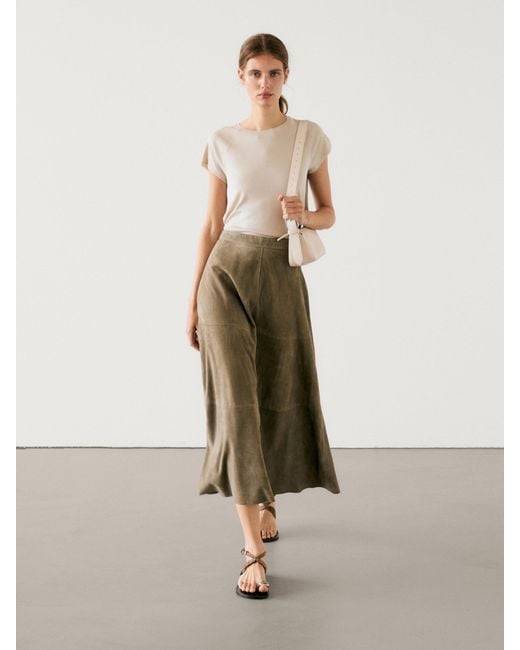 MASSIMO DUTTI Natural Suede Leather Flared Midi Skirt