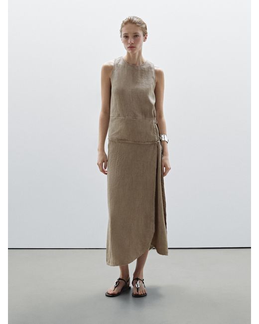 MASSIMO DUTTI White 100% Linen Dress With Buckle Detail