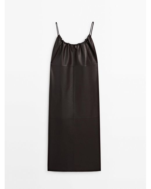 MASSIMO DUTTI Black Strappy Nappa Leather Dress With Gathered Detail
