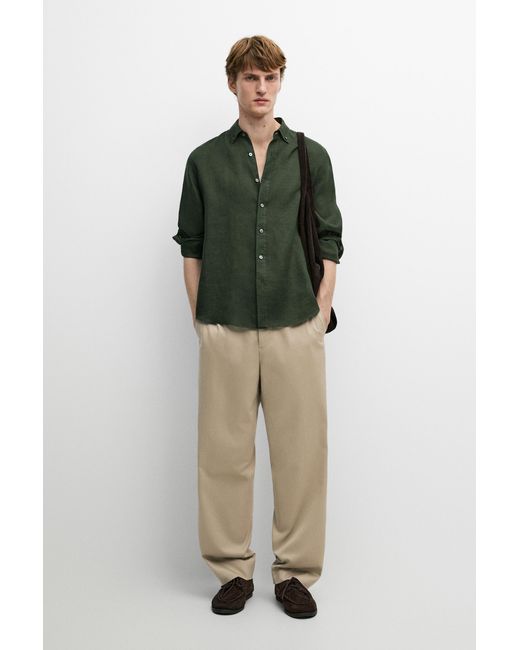 MASSIMO DUTTI Green Regular Fit 100% Linen Shirt for men