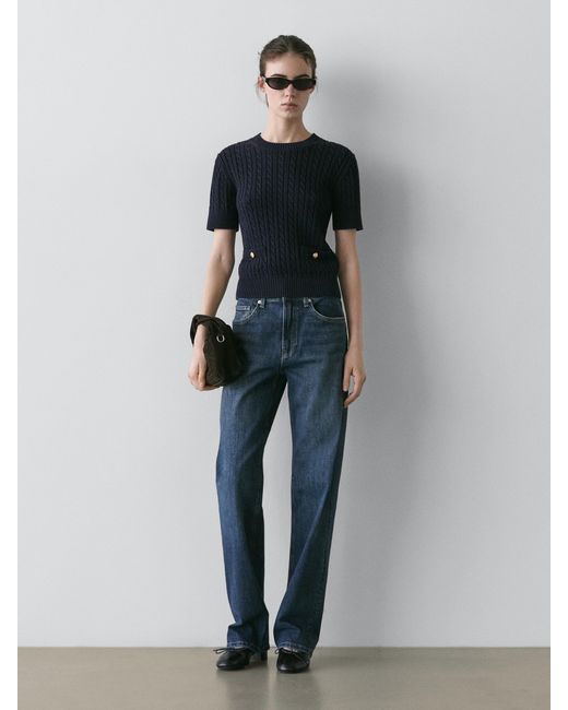 MASSIMO DUTTI Blue Short Sleeve Cable-Knit Sweater