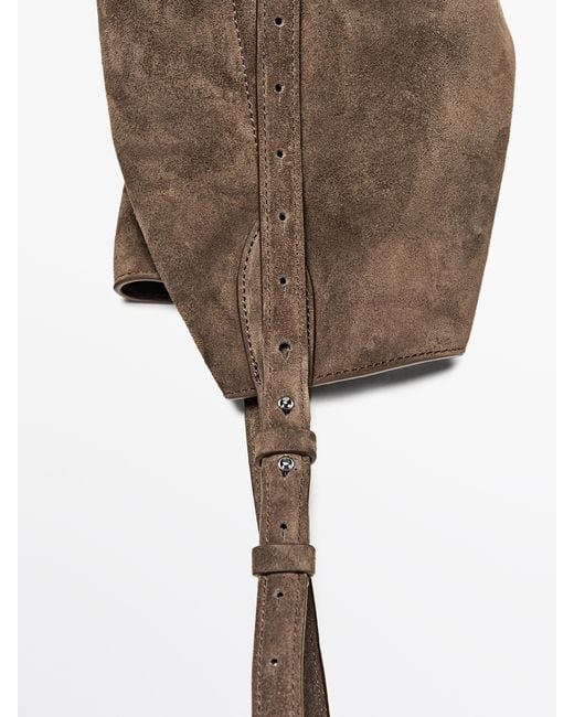 MASSIMO DUTTI Natural Split Leather And Leather Mini Bucket Bag