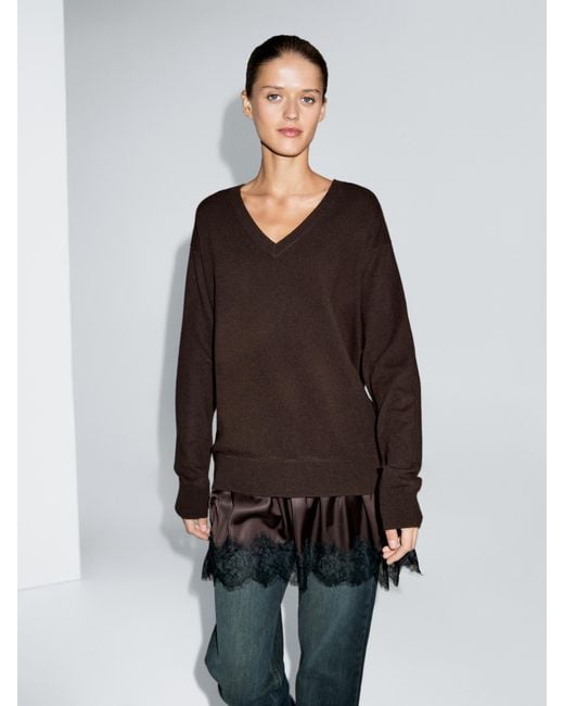 MASSIMO DUTTI Brown Long Knit Sweater With Contrast Lace