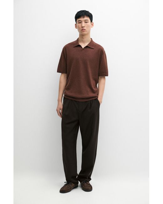 MASSIMO DUTTI Brown Linen Blend Knit Polo Sweater for men