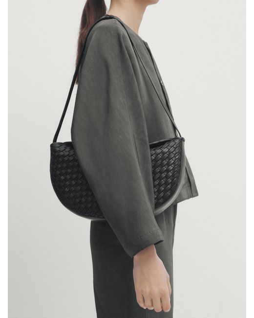 MASSIMO DUTTI Black Plaited Nappa Leather Half-Moon Bag