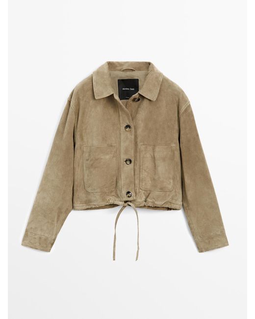 MASSIMO DUTTI Suède Leren Overshirt Met Koordjes in het Natural