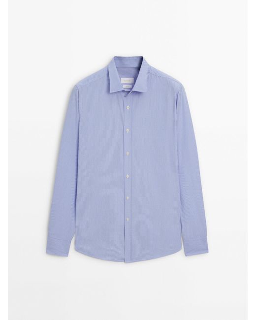MASSIMO DUTTI Blue Regular Fit Striped Poplin Cotton Shirt for men