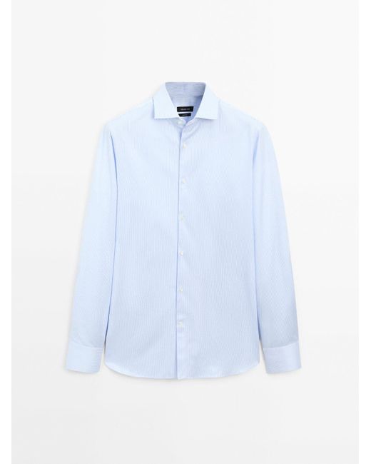 MASSIMO DUTTI Slim Fit Gestreept Katoenen Twill Overhemd in het Blue voor heren