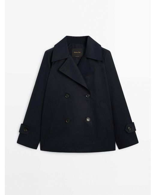 MASSIMO DUTTI Blue Short Cotton Blend Trench Coat With Tab Details