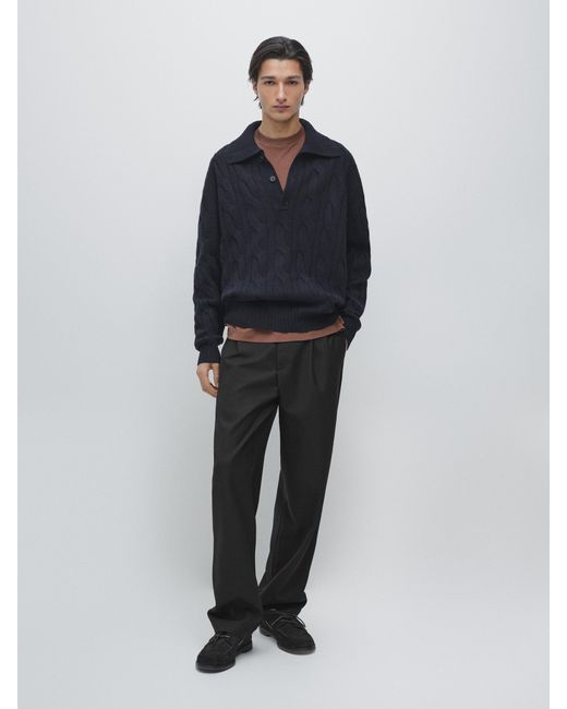 MASSIMO DUTTI Blue Wool Braided Knit Polo Sweater for men