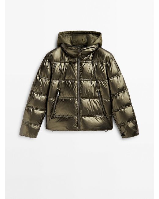 MASSIMO DUTTI Puffer Jacket With Contrast Hood in Green | Lyst
