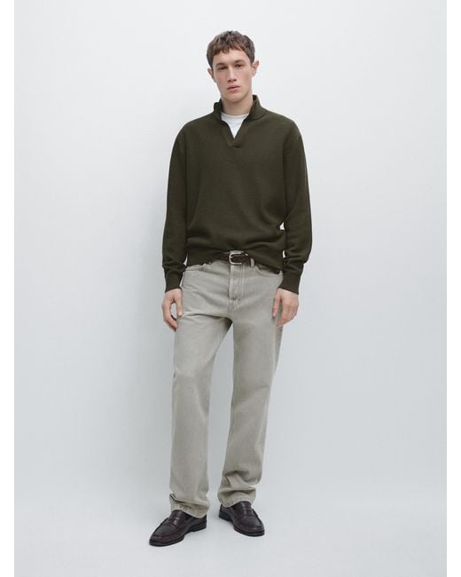 MASSIMO DUTTI Green Mock Neck Knit Sweater With V-Neck for men