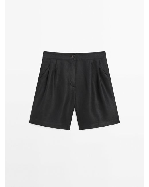 MASSIMO DUTTI Black 100% Linen Bermuda Shorts With Double Darts