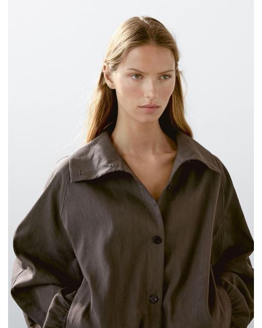MASSIMO DUTTI Brown Linen Blend Bomber Jacket
