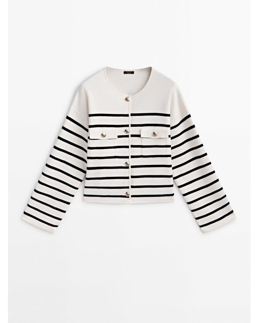 MASSIMO DUTTI White Striped Knit Cardigan With Pockets