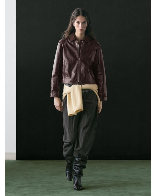 MASSIMO DUTTI Black Nappa Leather Jacket With Contrast Suede Collar