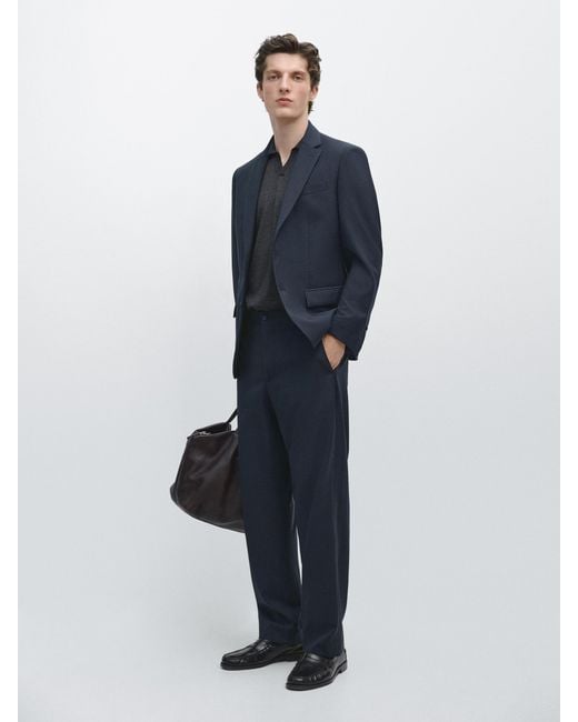 MASSIMO DUTTI Blue Cool Wool Wide-Leg Suit Pants for men