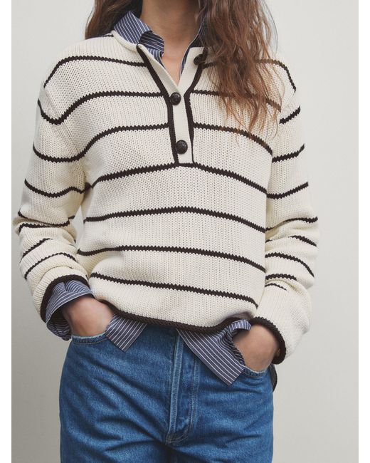 MASSIMO DUTTI White Henley Neck Striped Knit Sweater