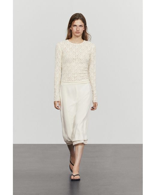 MASSIMO DUTTI Natural Long Sleeve Lace Detail T-Shirt