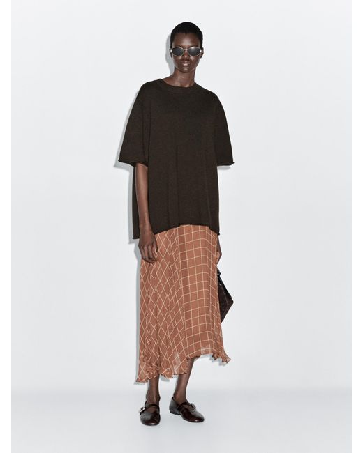 MASSIMO DUTTI Brown Long Flowing Skirt With Checked Detail
